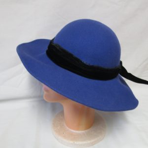 1940's Royal Blue Hat with Black Velvet ribbon and bow large brim 100% wool Kentucky Derby Collectible display tv movie prop