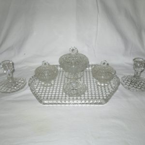 1940's waffle pattern dresser set powder ring holder jewelry & trinket dish tray candleholders vanity collectible display tv movie prop