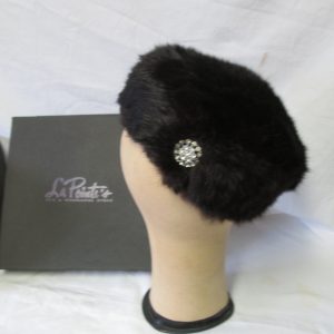 Antique Black Real Fur Pillbox hat with Rhinestone Pin Union Made USA Mint Condition Size 6 1/2 womans