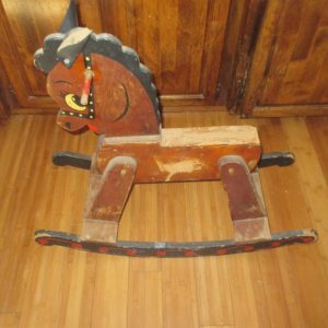 Antique Folk Art Wooden Rocking Horse No seat Display collectible leather ears painted face great farmhouse home primitive decor