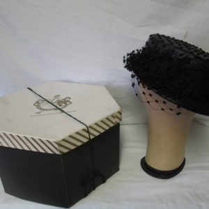 Antique French Gage Qualite' Mesh Hat with black knotted Netting and large gross grain bow in Box size 6 1/2 Ladies Womans