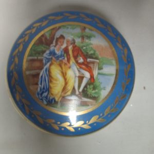 Antique French Trinket Box Lidded round with Victorian Scene Blue with gold trim