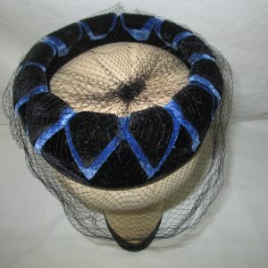 Antique Navy and Royal Blue Velvet pillbox hat ring with black netting beautiful pattern and design USA Union Made