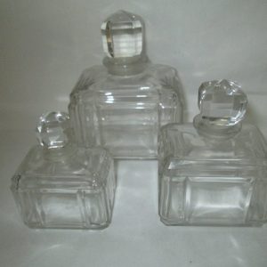 Antique Set of 3 French Perfume Bottles Art Deco Excellent Condition Rectangular bottles with cut lids and ground glass stoppers Signed