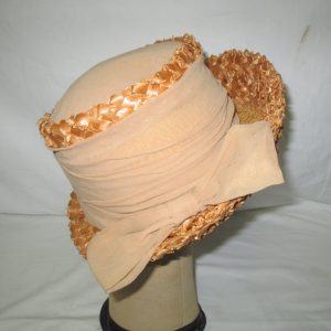 Antique USA Woven Straw Hat Nylon wrapped with nylon bow beige and darker beige small brim fascinator hat