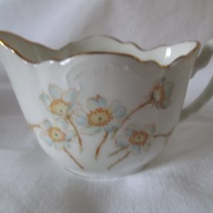 Beautiful Antique Small Cream Pitcher scalloped top gold trim and raised scrolls dogwood floral