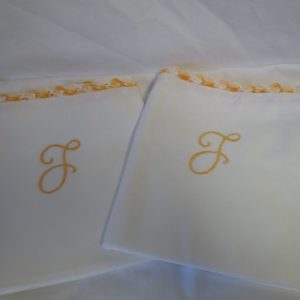 Beautiful Crochet & Embroidered Pillowcase pair No Iron Percale Yellow varigated L monogram yellow varigated crochet  trim 21" x 31" White