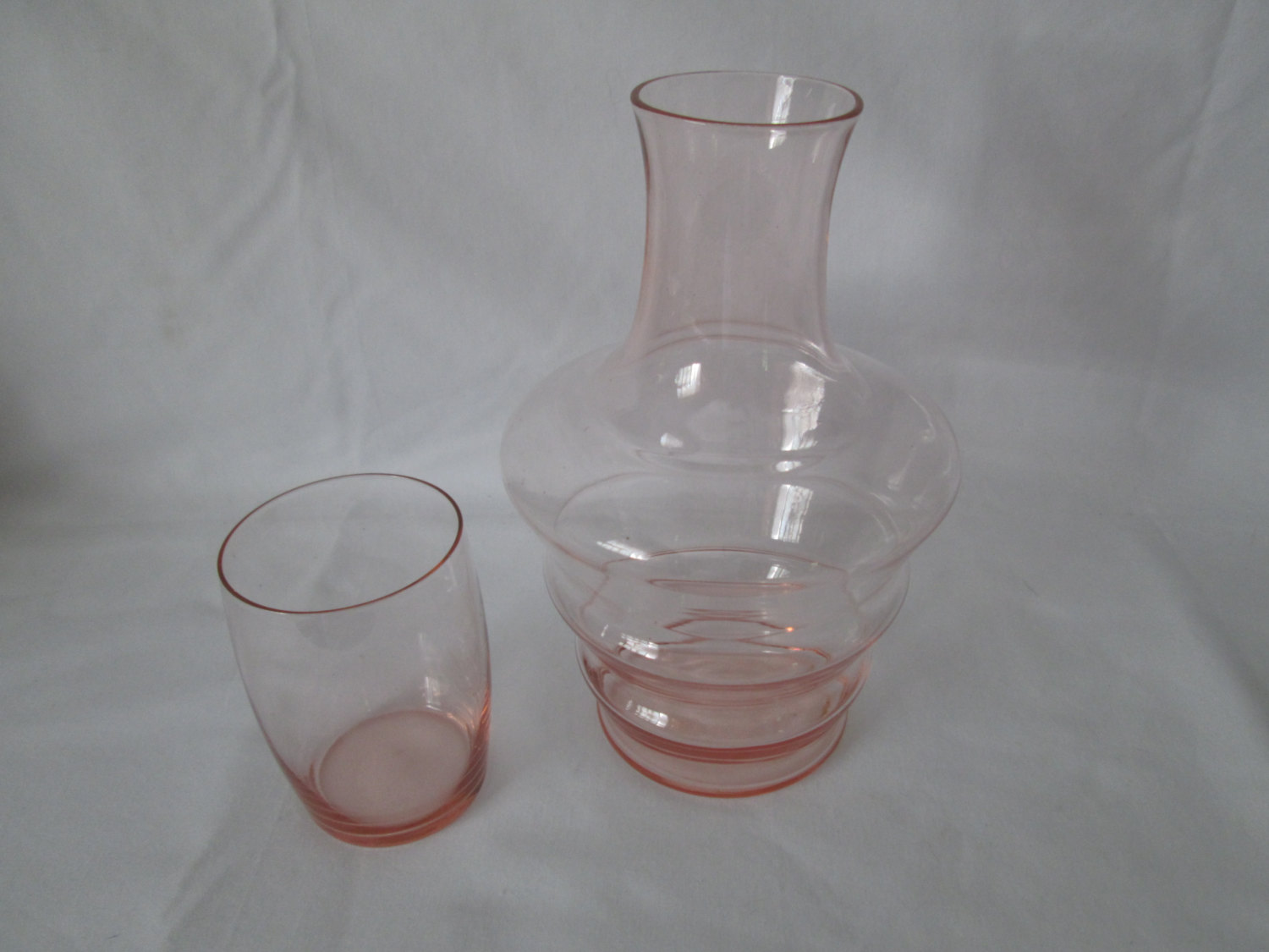 Vintage Pink Depression Glass Bedside Carafe and Tumbler Set Wild Rose –  Past Life Vintage