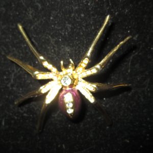 Beautiful Fantastic Enamel and Gold tone Spider Brooch Pin Purple Enamel body gold tone color with Rhinestones down body Large Pin