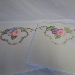 Beautiful Hand Crochet & Embroidered Pillowcase pair No Iron Percale Floral Pink purple green blue 22" x 32"
