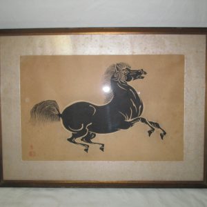 Beautiful Horse Print Lithograph Black on Beige with Red Signature Chinese Framed with Mat