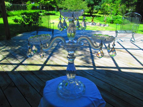 Beautiful Large Glass Candelabra with Crystals 3 Light or 1 Light Stunning piece 16"  Depression Era