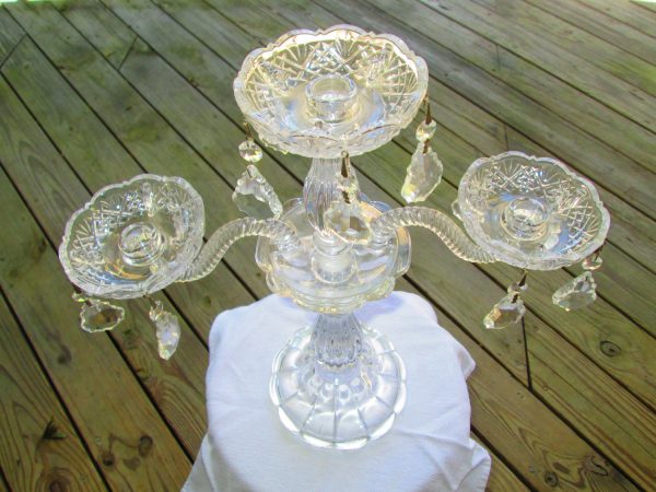 Beautiful Large Glass Candelabra with Crystals 3 Light or 1 Light Stunning piece 16"  Depression Era