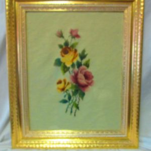 Beautiful Large Needlepoint Hand Made Yellow and Pink Roses Ivory background framed in gold