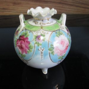 Beautiful Miniature Vase double handle footed detailed roses scalloped vase Austria