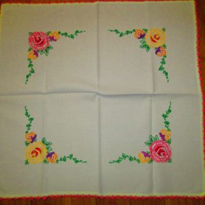 Beautiful Square Bedroom Tablecloth Embroidered Yellow & Pink Flowers with crochet trim all hand made