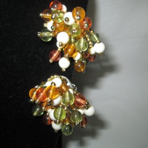 Beautiful Vintage Clip Beaded Earrings Gold Orange Green Ivory Neutral with gold trim beads