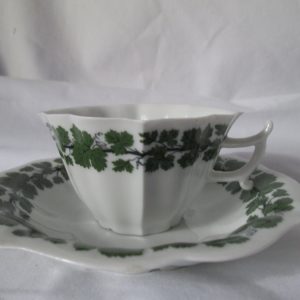 Beautiful Vintage Dresden Green and white demitasse tea cup and saucer Unique shape saucer and cup green ivy pattern