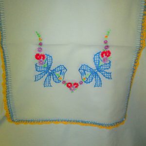 Beautiful Vintage Dresser Scarf Hand Embroidered 100% cotton Blue Bows and Colored Flowers Crochet Trim