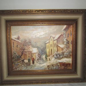 Beautiful Vintage Framed Oil on Canvas Winter Scene Village with People Signed Warm Colors Beautiful Wood Frame