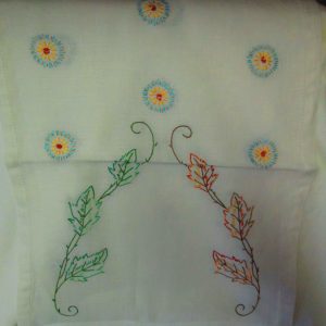 Beautiufl Dresser Scarf Linen hand embroidered Flowers and Leaves Stunning Bright Colors