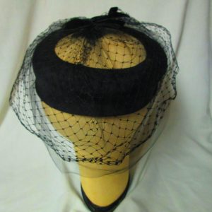 Black Satin Silk Hat Ring with 2 layers of netting and velvet bows Mid Century