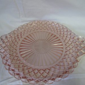 Depression glass pink waffle pattern serving platter with handles great condition 10" across