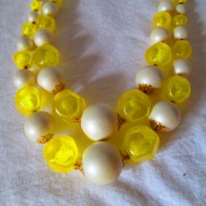 Fantastic 1950's White and Yellow Large to Small beaded double strand necklace matching earrings Hong Kong Mid Century