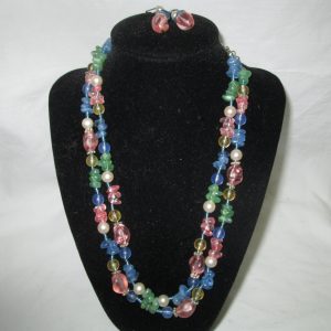 Fantastic Mid Century Beaded Necklace 2 strands pastel green, pink and blue with a little clear and faux pearlo matching earringsring