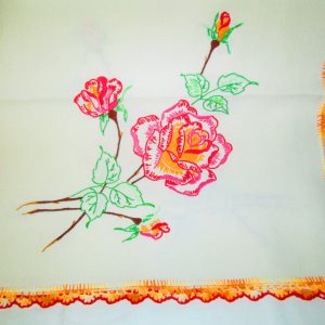 Fantastic Rose Floral Bright vivid Colors Hand Embroidered Dresser Scarf Bedroom Linens Hand Crochet work