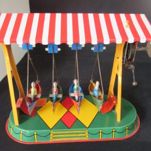 Fantastic Vintage German Tin Litho Working Canoes Moving up and down Wind Up Toy Collectible Display Bright vivid colors red green yellow
