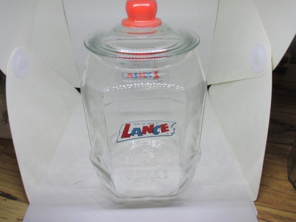 Large Vintage LANCE Counter Store Display Jar with Glass Lid marked Lance Fired on Lance Advertising Kitchen storage collectible MINT
