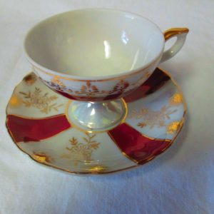 Mid-Century Tea Cup and Saucer Japan Iridescent Fine Bone China Burgundy