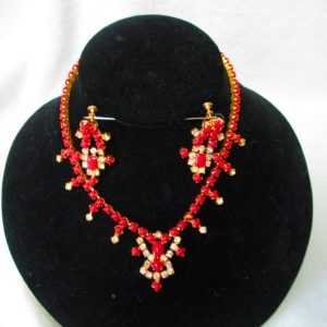 Red and Rhinestones Beautiful L.Davids Mid Century Fantastic Necklace with matching Screw back Earrings