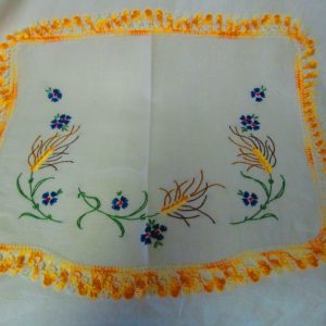 Stunning Bright Embroidered Flowers with Wheat Bright Yellow Varigated Crochet Trim Dresser Scarf Great Design