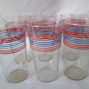 Vintage 1950's Horizontal Striped red and blue on clear glass tumblers water glasses set of 6 Iced tea large tumblers