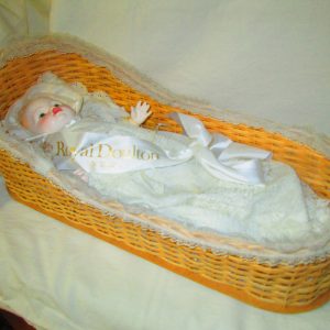 Vintage 1982 Royal Doulton Nisbet Baby Doll England Porcelain Bisque Fine Quality White gown in basket  with hang tag & ribbon