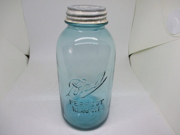 Vintage 2 quart Ball Canning Jar Blue glass #1 metal and porcelain lid