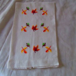 Vintage autumn leaves cross stitched cotton tea towel