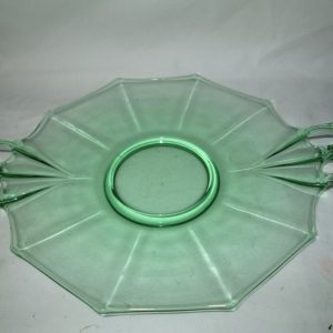 Vintage Beautiful Large Green Uranium Glass Glowing Platter Plate Tray Depression Art Deco Serving Stunning shape and pattern with handles