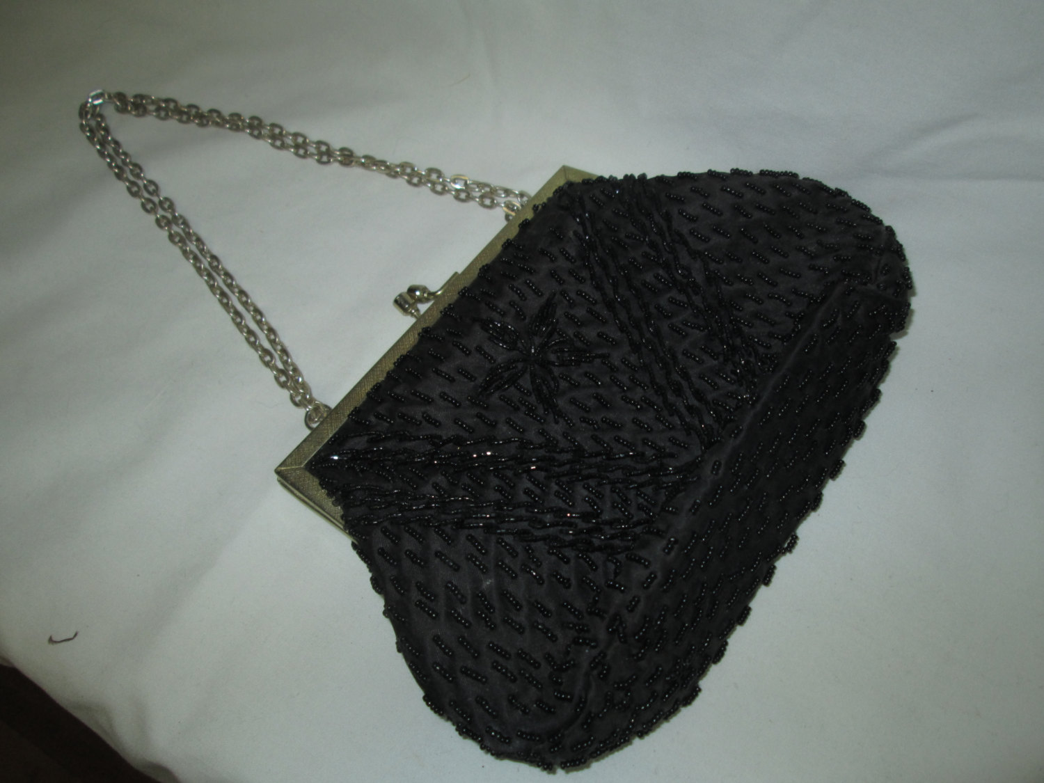 Vintage Black Beaded Evening Bag Clutch Purse With Chain strap: Hand-made