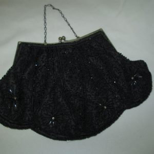 Vintage Black Victorian Evening bag Beaded Bag with silver chain and closure rhinestones with scalloped bottom