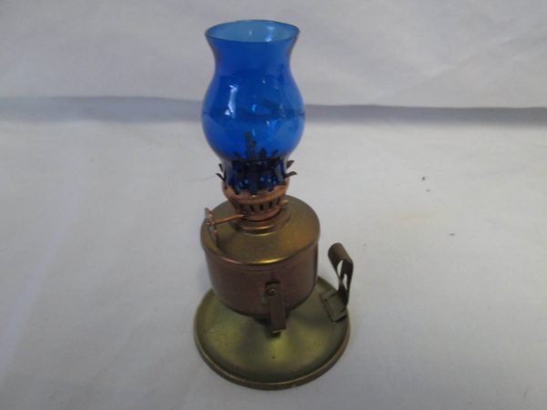 Vintage Brass and Blue glass Miniature Oil Lamp Mid Century Japan Mini Ship's Lamp