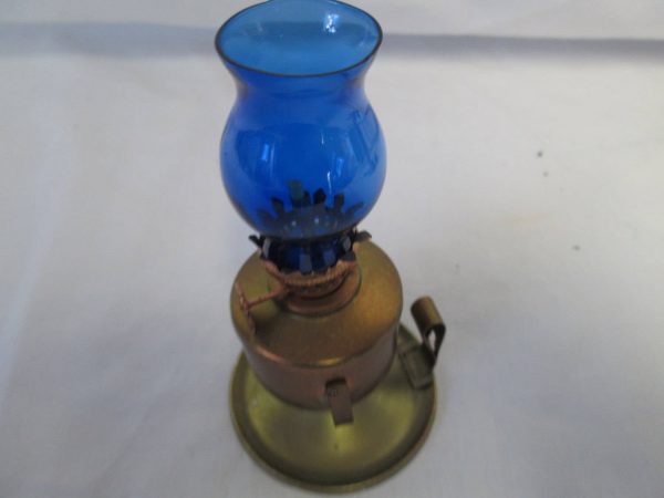 Vintage Brass and Blue glass Miniature Oil Lamp Mid Century Japan Mini Ship's Lamp