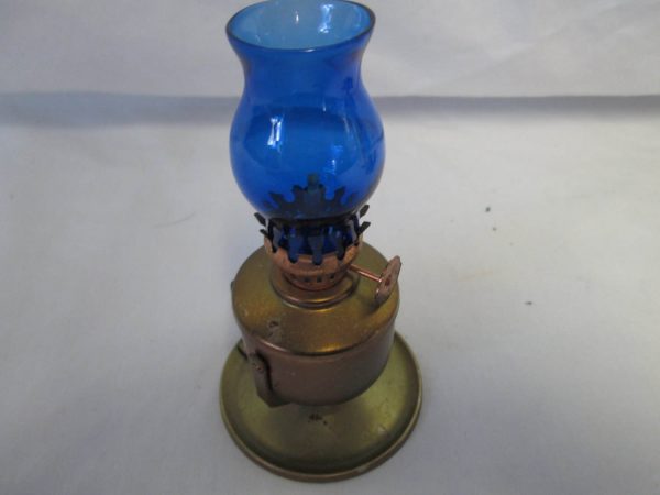 Vintage Brass and Blue glass Miniature Oil Lamp Mid Century Japan Mini Ship's Lamp