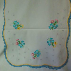 Vintage Cotton Dresser Scarf Hand embroidered 100% cotton Floral Bows with flowers grey circles