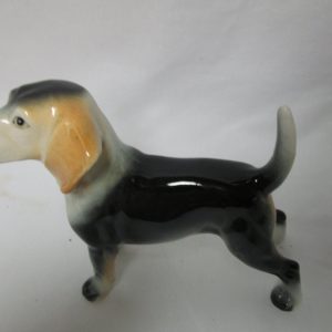 Vintage Dog figurine fine china Japan Mid Century 6" across 4 1/2" tall Beautiful Quality Beagle Black Brown beige