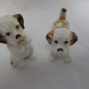 Vintage Dog Pair figurines fine china Japan Mid Century Sitting Terrier 3 1/8" tall playing pup 2 1/4" across 2 1/2" tall