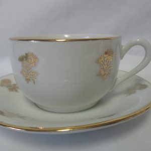 Vintage Floral Gold and white tea cup and saucer Mid century great condition unmarked bone china