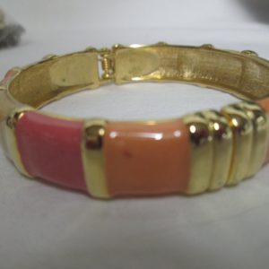 Vintage Gold tone bracelet Enameled Ivory Peach Coral with gold trim Spring Bracelet